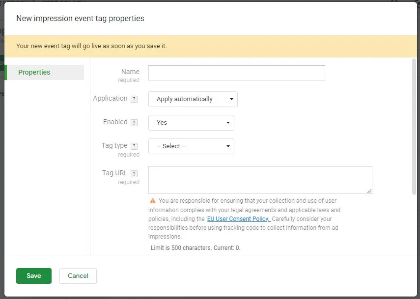 empty new CM360 event tag form before filling in fraud0 InAd details
