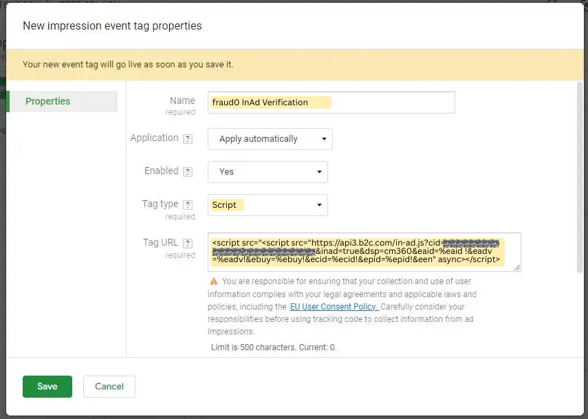 completely filled CM360 event tag fraud0 InAd details