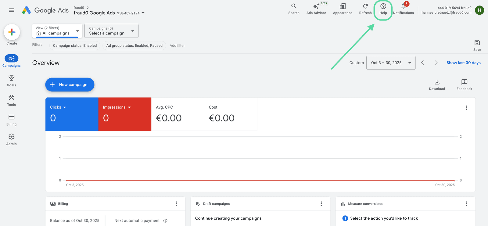 Google Ads Help Center opened from the account interface