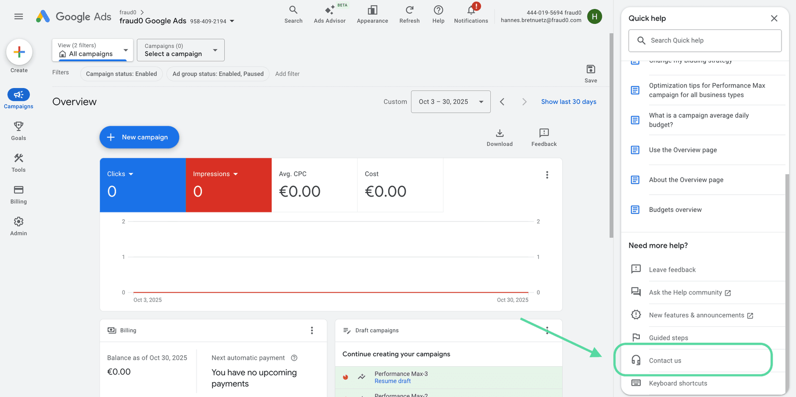 Google Ads Help Center with the Contact Us option selected
