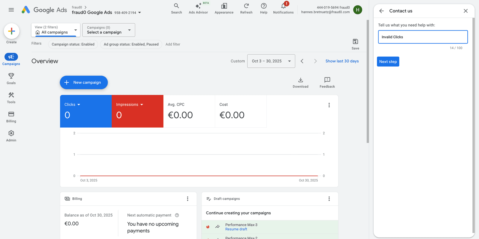 Google Ads support form with Invalid Clicks entered as the issue