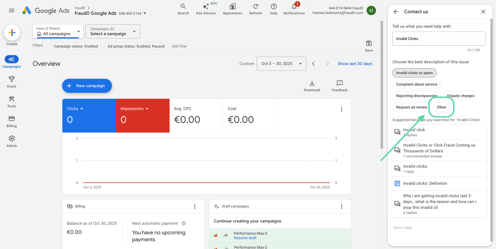 Google Ads support options showing Other as the selected path
