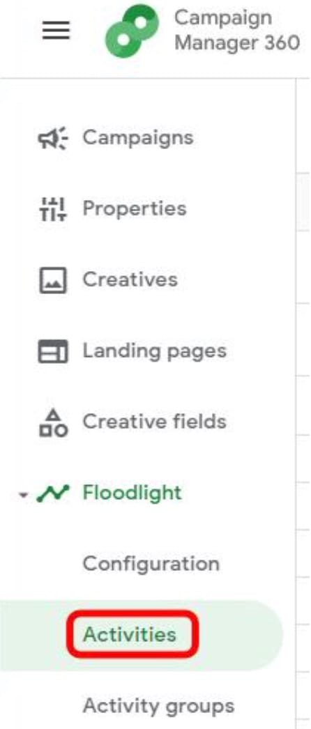 Campaign Manager 360 Floodlight tab with Activities section in advertiser navigation