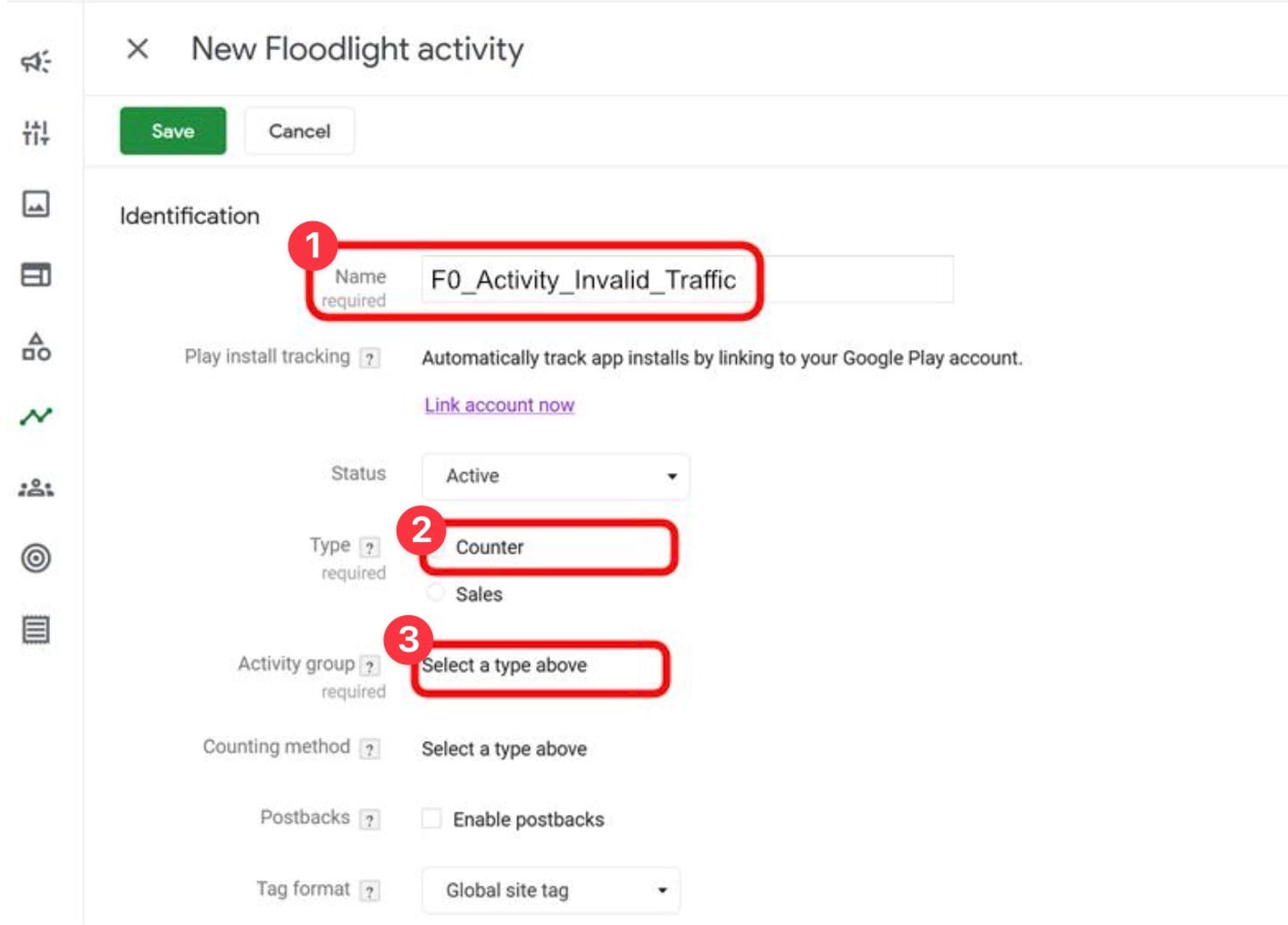 CM360 new Floodlight activity form with name, Counter type, and Activity group fields