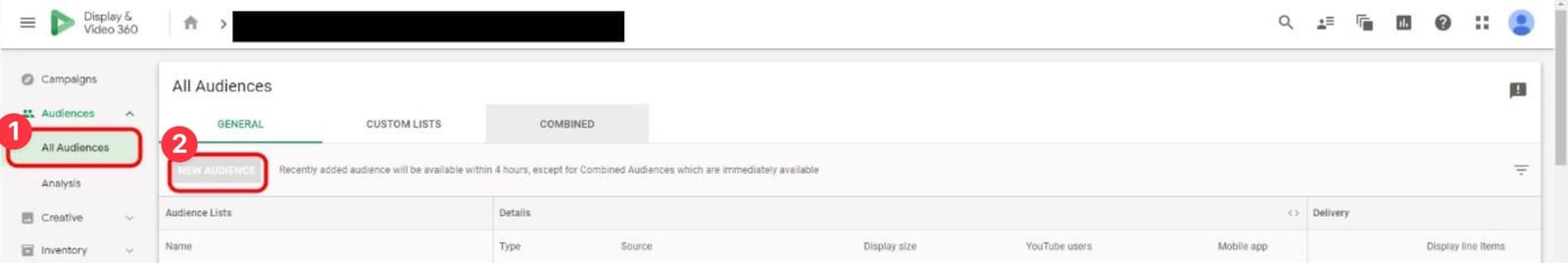 DV360 All Audiences screen with New audience button