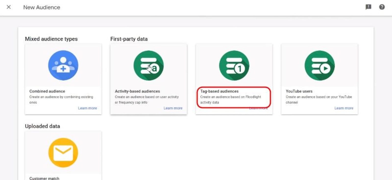 DV360 audience type selection with Tag-based audience option