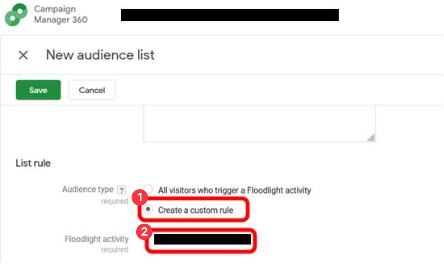 CM360 new audience list with custom rule and Floodlight activity selected