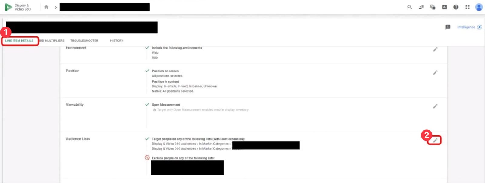 DV360 Line Items list with Edit button highlighted
