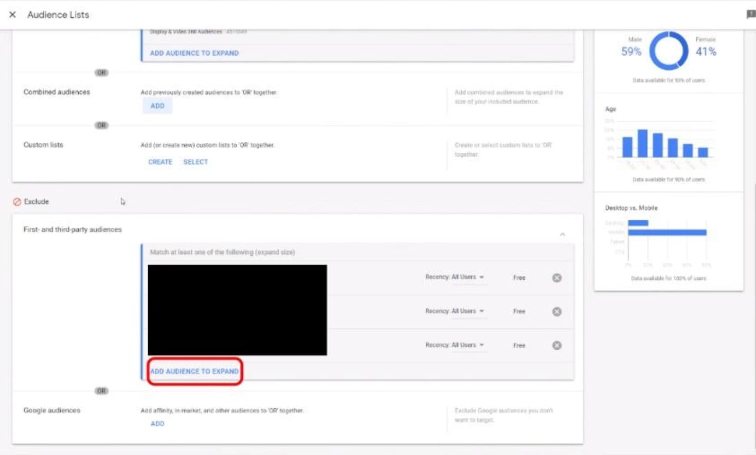 DV360 Line Item editor Exclude section with Add Audience option expanded