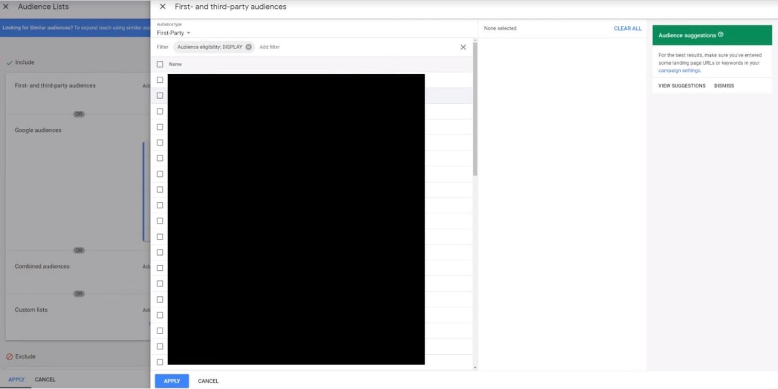 DV360 First Party Audiences with F0_Negative Audience selected for exclusion