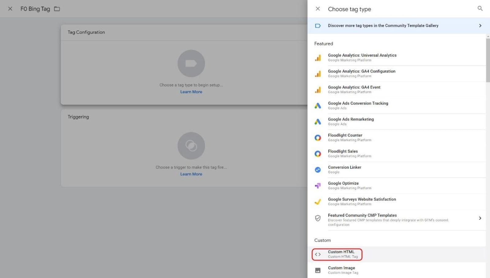 GTM Tag Configuration with Custom HTML template selected