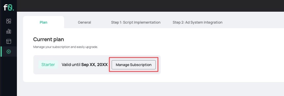 fraud0 dashboard Settings Plan tab with Manage Subscription button