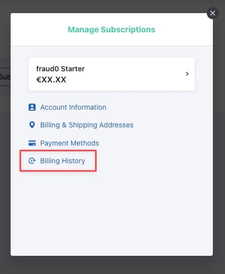 Subscription management pop-up showing Billing History tab