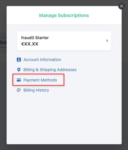 Subscription management pop-up showing Payment Methods tab