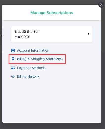 Subscription management pop-up showing Billing and Shipping Addresses tab
