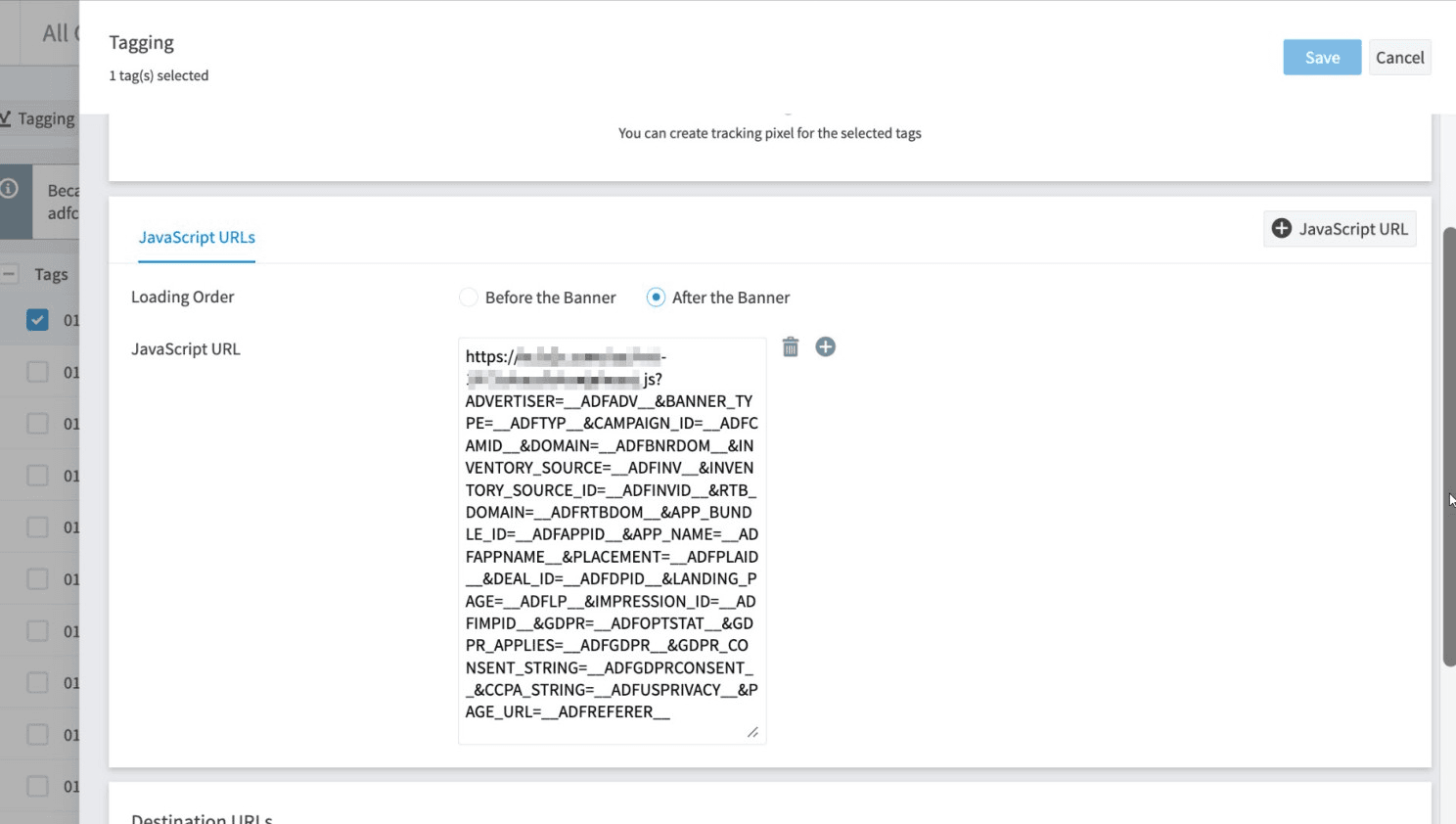 Adform implementation screen