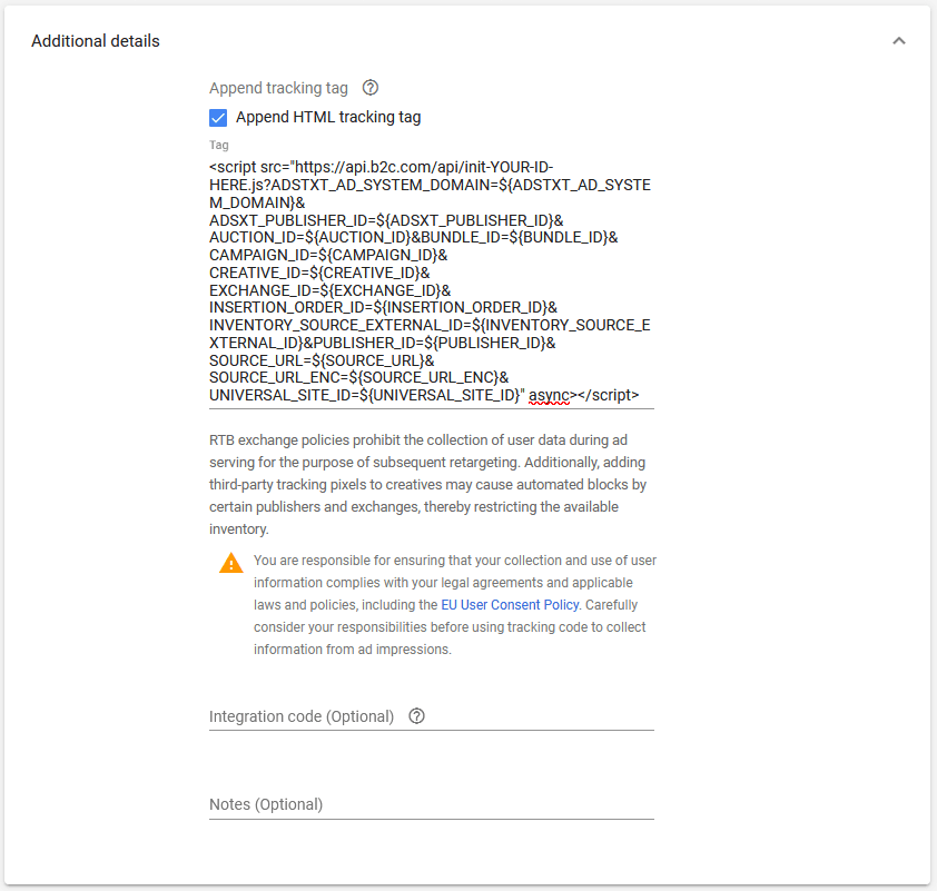 DV360 append HTML tracking tag screen