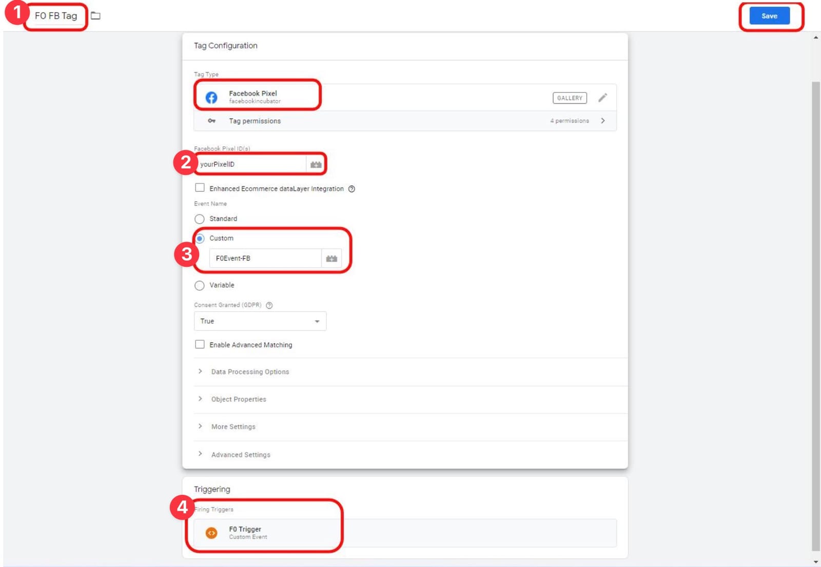 GTM Facebook Pixel tag configured with F0 FB Tag name, Pixel ID, F0Event-FB custom event, and F0 Trigger