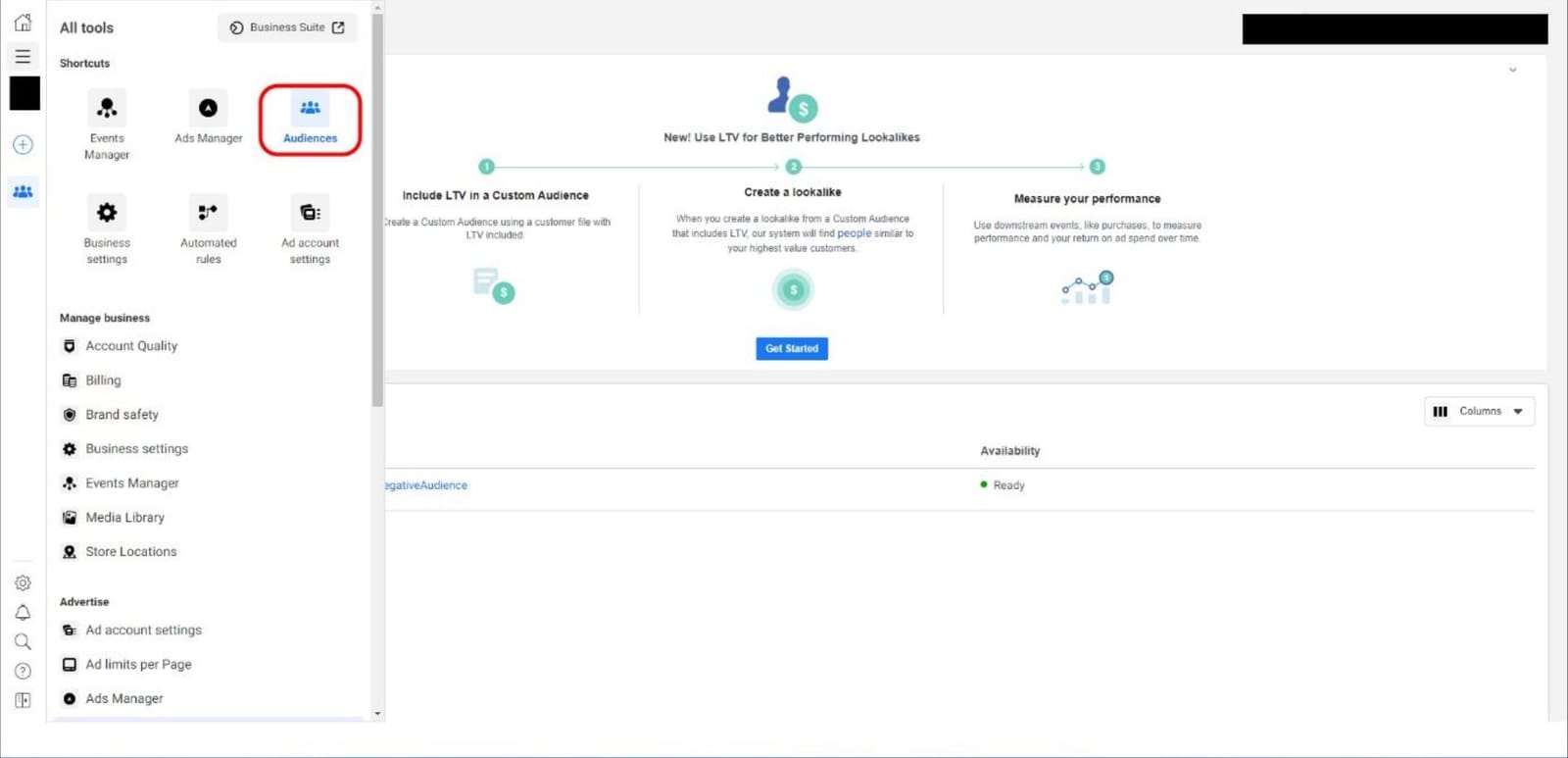 Facebook Business Manager main menu with Audiences item highlighted