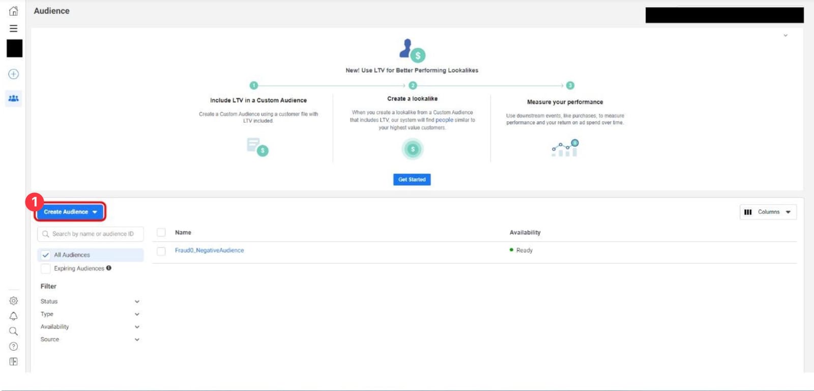 Facebook Audiences screen with Create Audience button