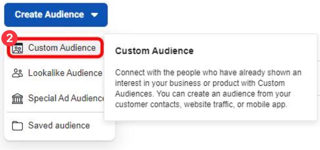 Facebook audience type menu with Custom Audience option