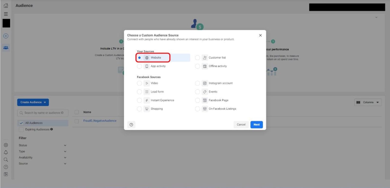 Facebook Custom Audience source selection with Website option
