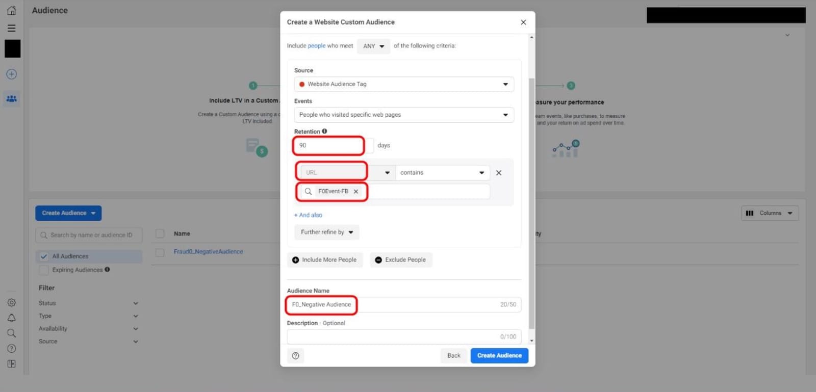 Facebook Custom Audience form with 90-day retention and F0_Negative Audience name entered