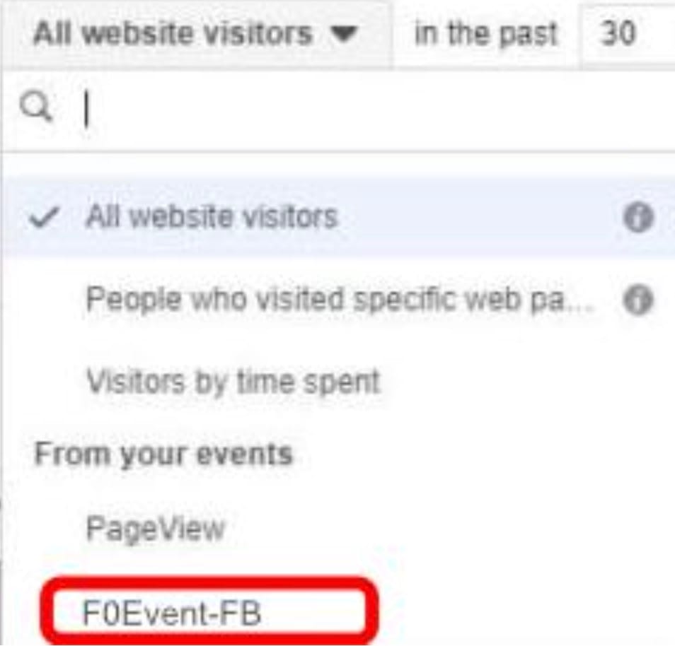 Facebook Custom Audience event selector with F0Event-FB chosen from All website visitors