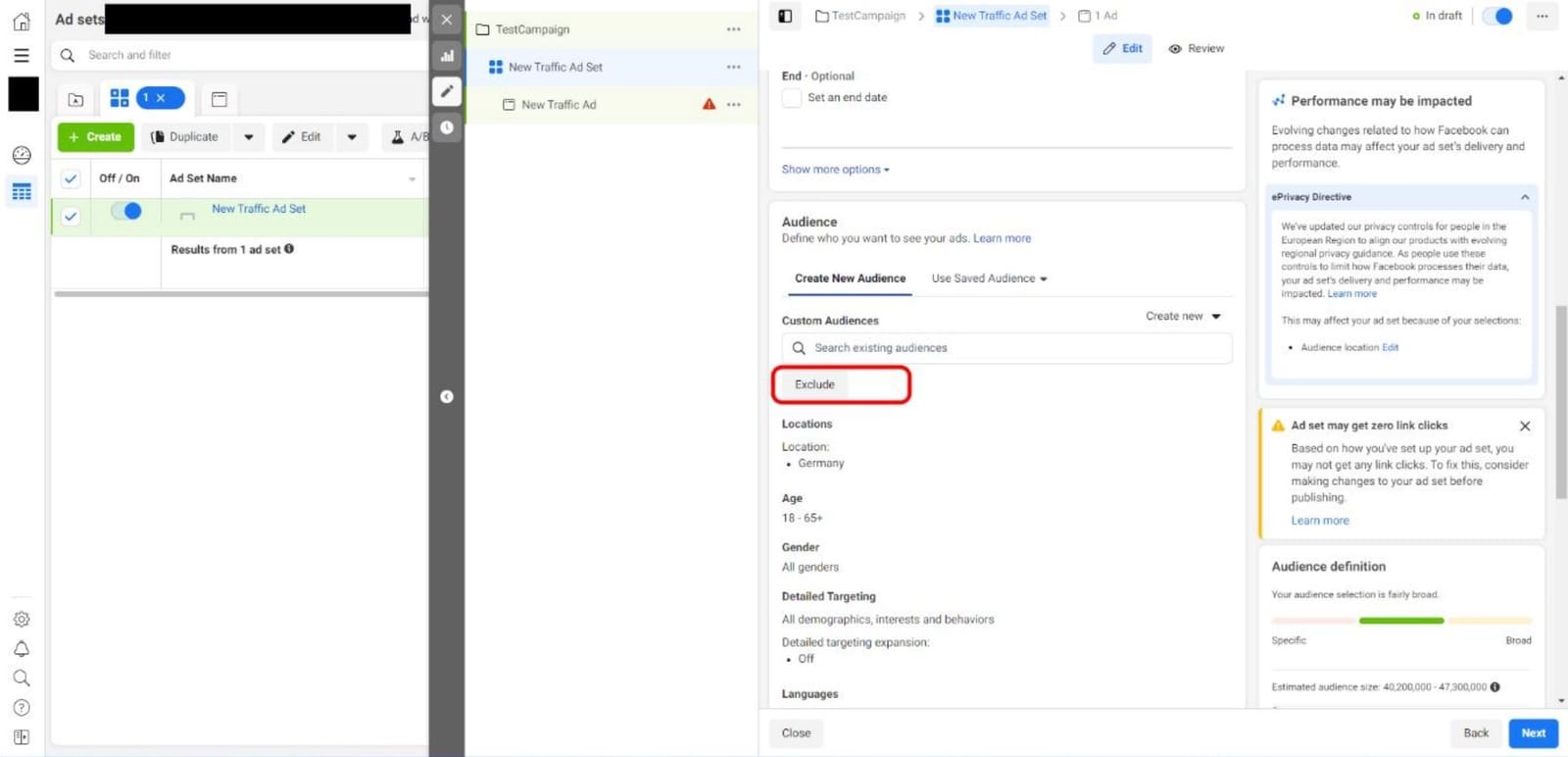 Facebook Ads Manager AdSet editor with F0_Negative Audience added to exclusions