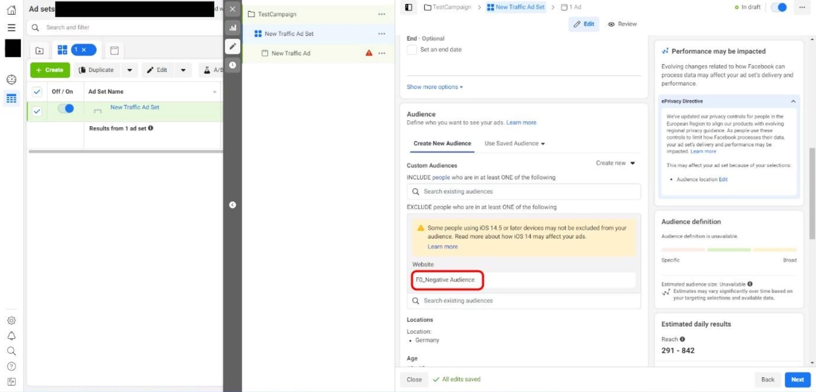 Facebook Ads Manager campaign publishing confirmation screen