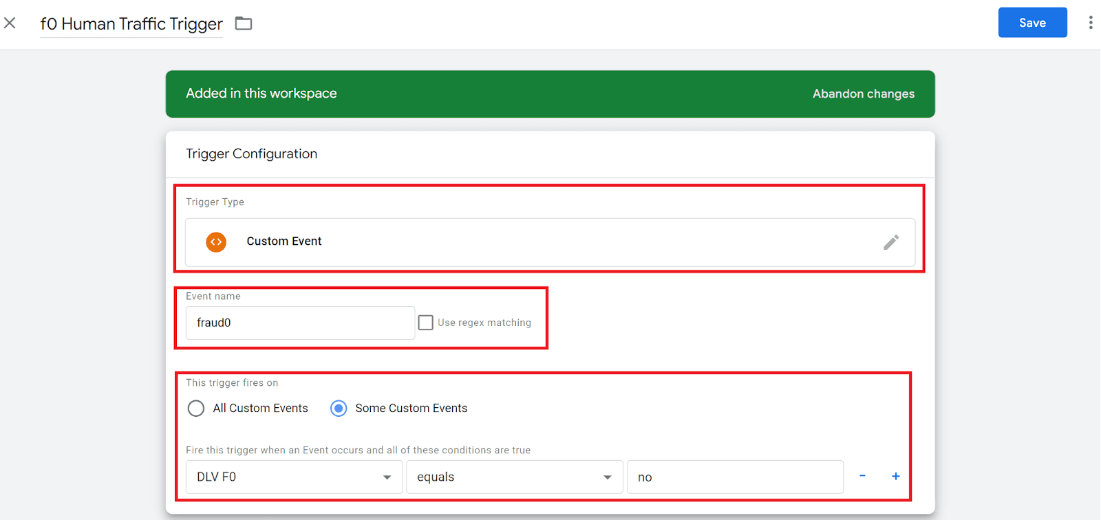 GTM Custom Event trigger configured with F0 Human Traffic Trigger name, fraud0 event name, and DLV F0 variable set to no