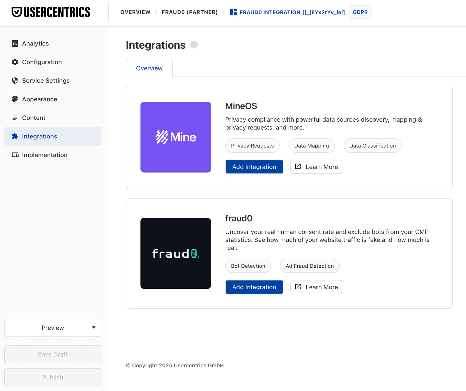 Usercentrics Integrations panel showing the fraud0 integration with Add Integration button