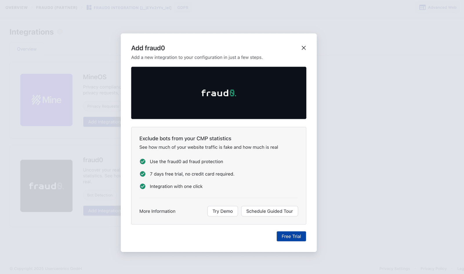 Usercentrics fraud0 integration page with Free Trial button