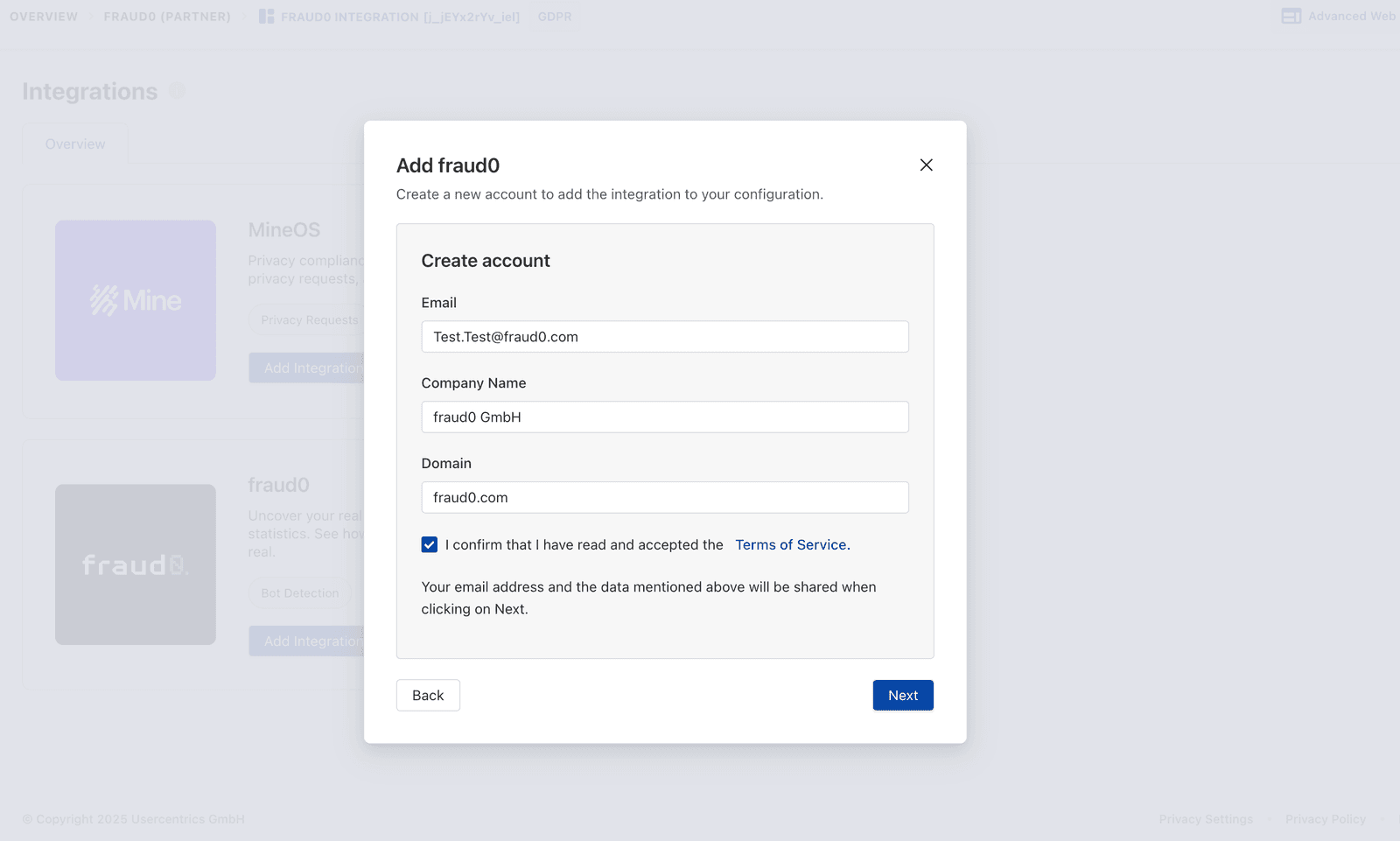 Usercentrics fraud0 account creation form