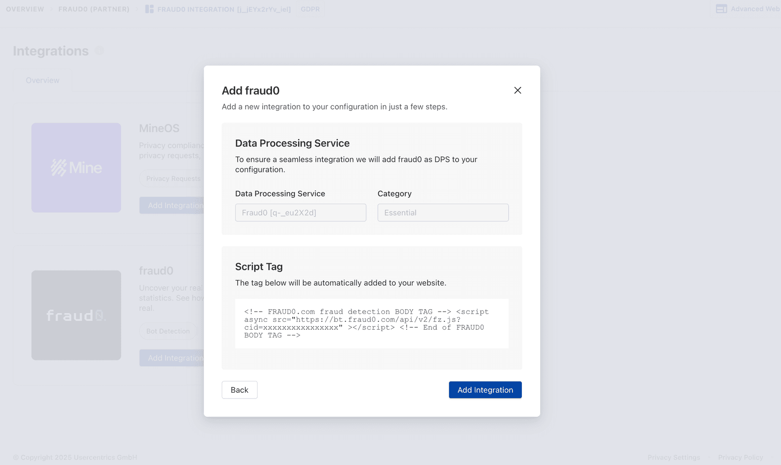Usercentrics Add Integration confirmation screen