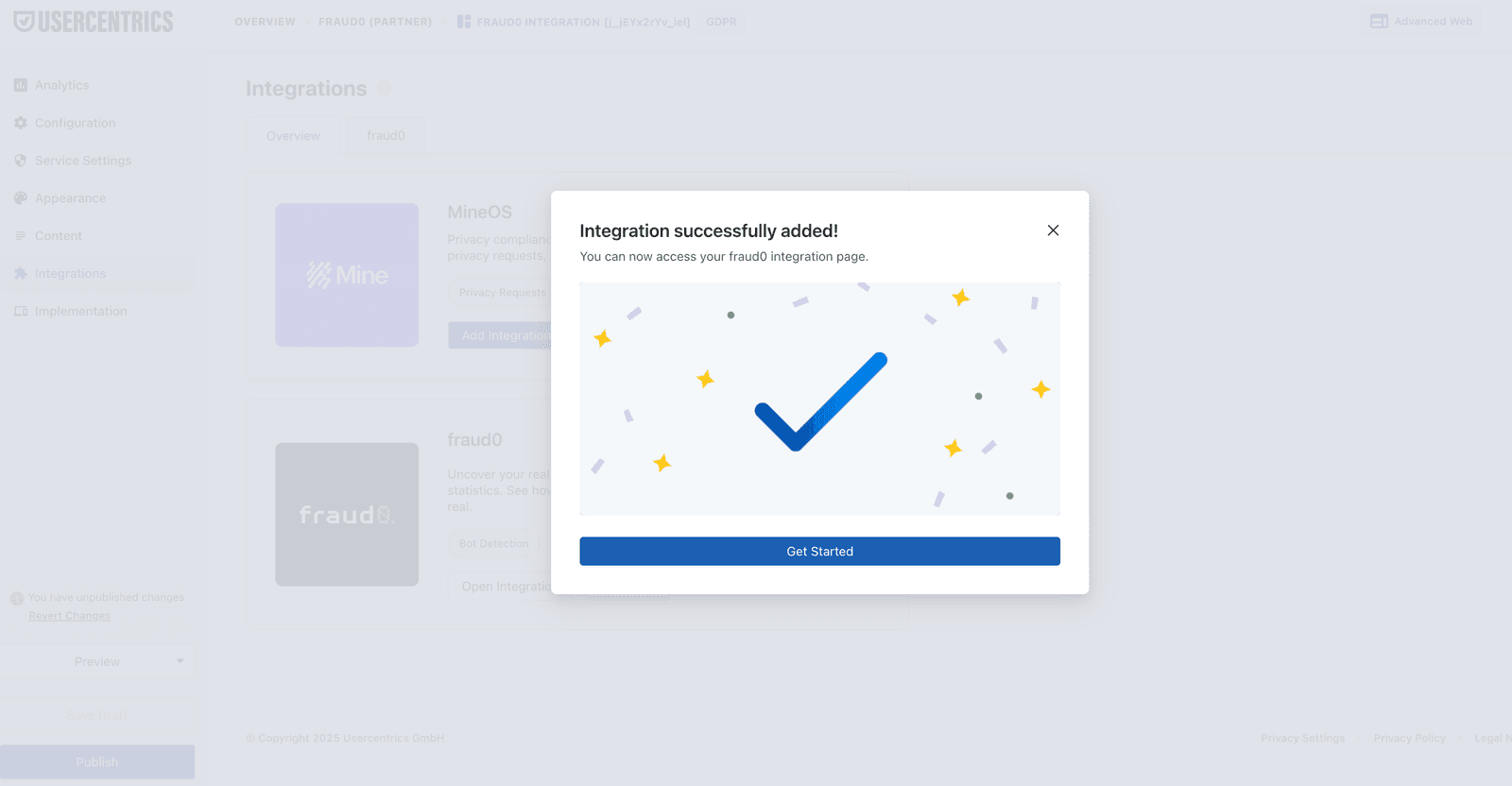 Usercentrics integration added successfully screen
